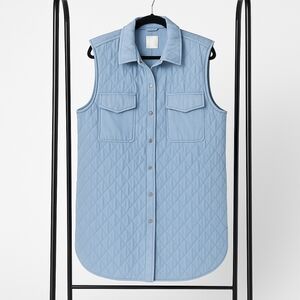 H&M Quilted Sleeveless Light Blue Shirt Dress vest snap front pockets